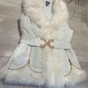 Elegant White Fur-Trimmed Midi Dress